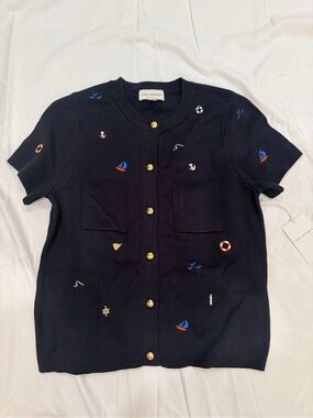 Navy Embroidered Short-Sleeve Cardigan with Gold Buttons